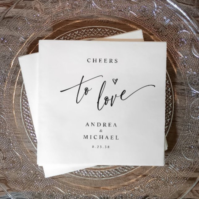 Serviette En Papier Moderne Fun Décontracté Cheers à aimer Cocktail Ma (Minimalist “cheers to love” wedding napkin with names and date—perfect for modern receptions.)