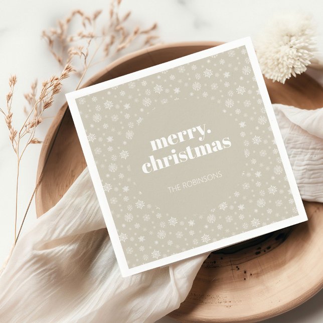 Serviette En Papier Moderne Joyeux Noël Beige Snowflake Motif (Christmas holiday snowflake pattern napkin)