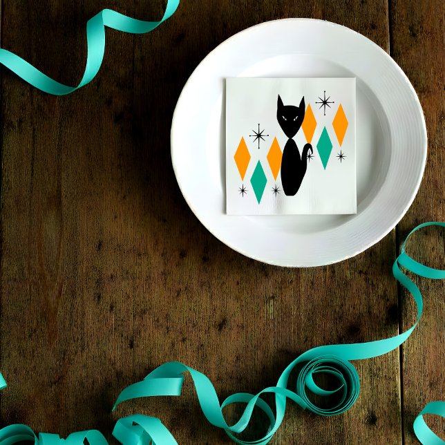 Serviette En Papier Moderne Milieu de Siècle Atomique Chat Noir Diaman (Mid Century Modern Black Skinny Cat Atomic Eames Era Stars Starbursts Gold Teal Diamonds )