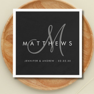 Serviette En Papier Moderne minimaliste noir gris Mariage