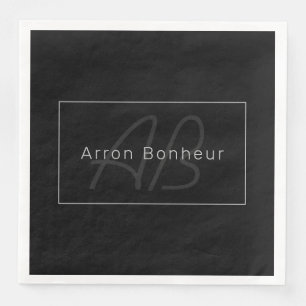 Serviette En Papier Moderne Noir & Gris   Nom et Monogramme Cool