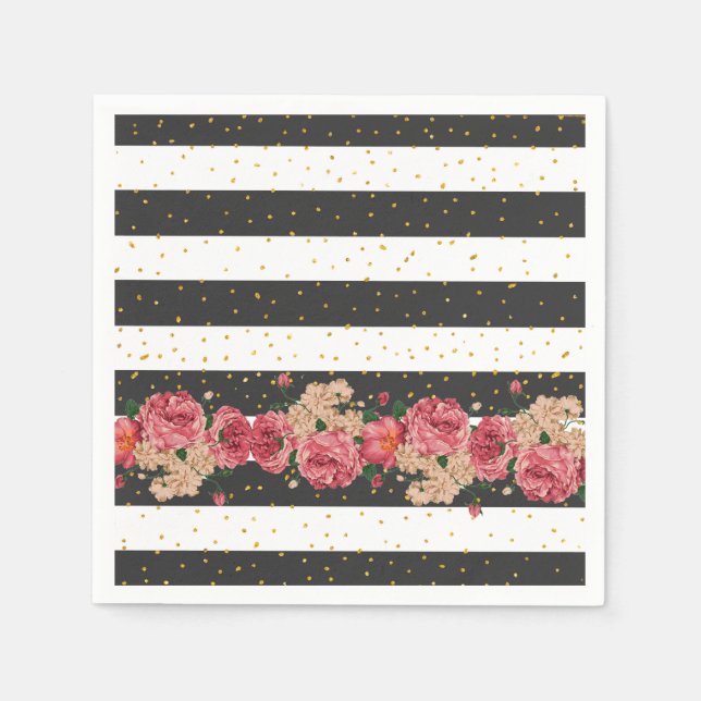 Serviette En Papier Moderne noir rayures or faux parties scintillant f (Devant)