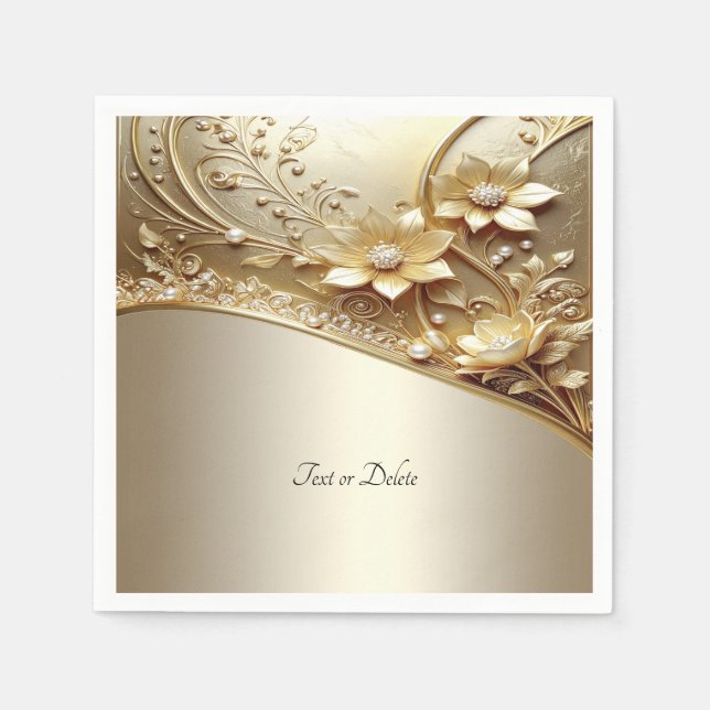 Serviette En Papier Moderne Orné Fleur De Or Avec Perles (Devant)