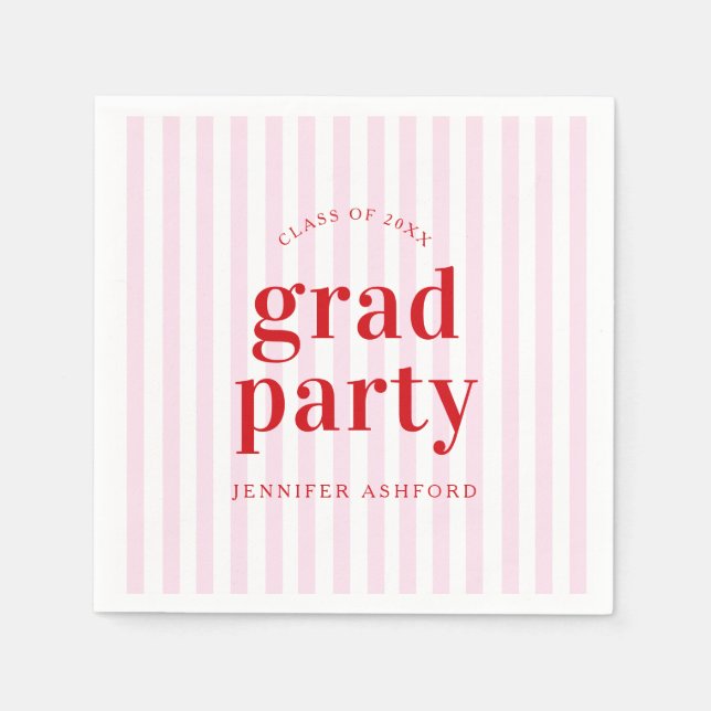 Serviette En Papier Moderne Retro Red & Pink Stripes Graduation Party (Devant)