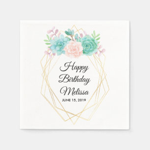 Serviette En Papier Moderne rose et vert Succulents Aquarelle Annivers