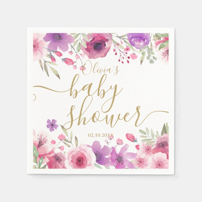 Serviette En Papier Moderne rose floral verdure bébé fille douche (Devant)