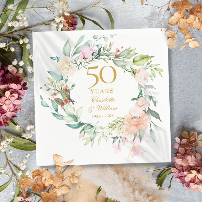 Serviette En Papier Moderne Rose Garland Floral 50e anniversaire (Modern Roses Garland Floral 50th Anniversary Napkins)