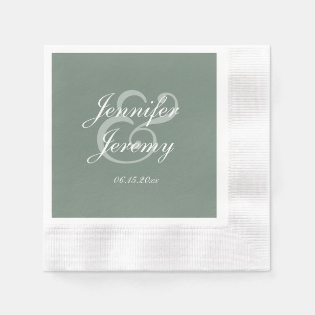 Serviette En Papier Moderne Sage Green Élégant Mariage de script blanc (Devant)