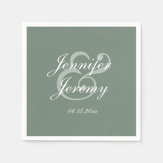 Serviette En Papier Moderne Sage Green Élégant Mariage de script blanc (Devant)