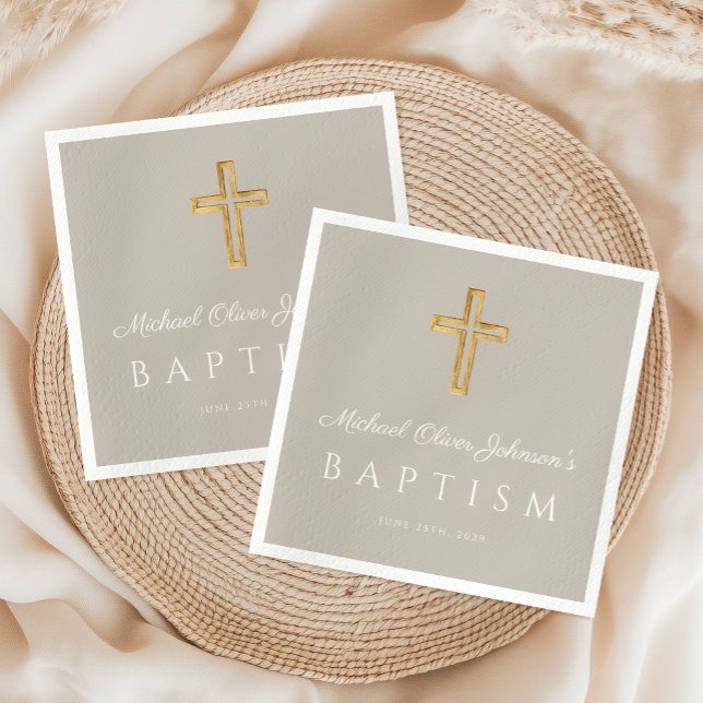 Serviette En Papier Moderne Taupe Croix Religieuse Baptême (Modern Taupe Religious Cross Baptism Napkins)