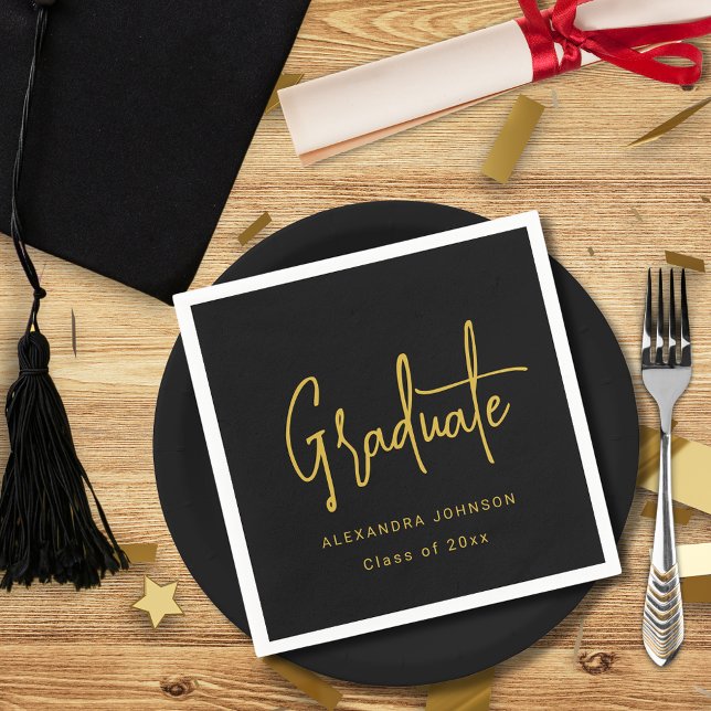 Serviette En Papier Moderne tendance Gold Script Graduation Party Cust (Trendy modern gold script graduation party custom black and white paper napkins With graduate name)