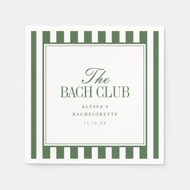 Serviette En Papier Moderne "The Bach Club" rayé vert olive Script (Devant)