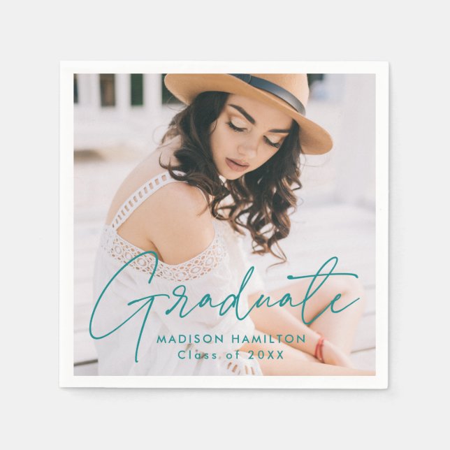 Serviette En Papier Moderne Turquoise Script photo Graduation (Devant)