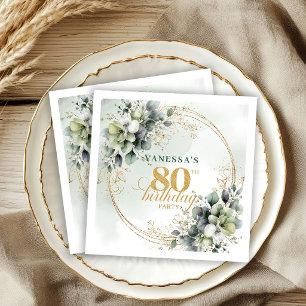 Serviette En Papier Moderne Vert et Or Botanique 80e Anniversaire