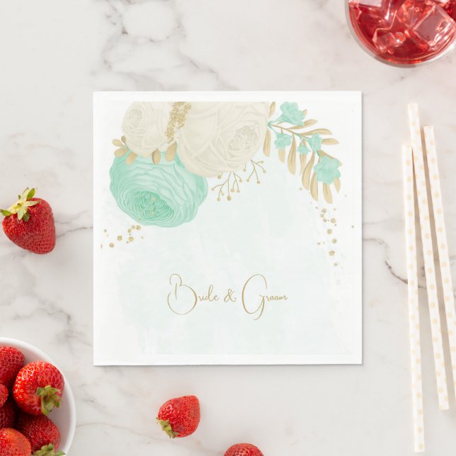 Serviette En Papier Monnaie romantique vert et fleurs blanches serviet (En situation)