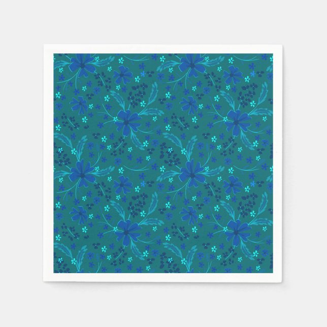 Serviette En Papier Monochromatic dark turquoise blue retro floral  (Devant)