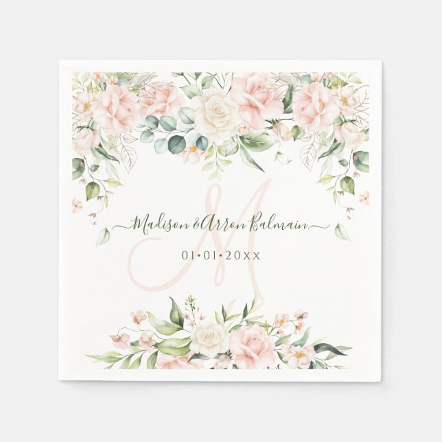 Serviette En Papier Monogram Blush Creme Roses Eucalyptus N'importe qu (Devant)