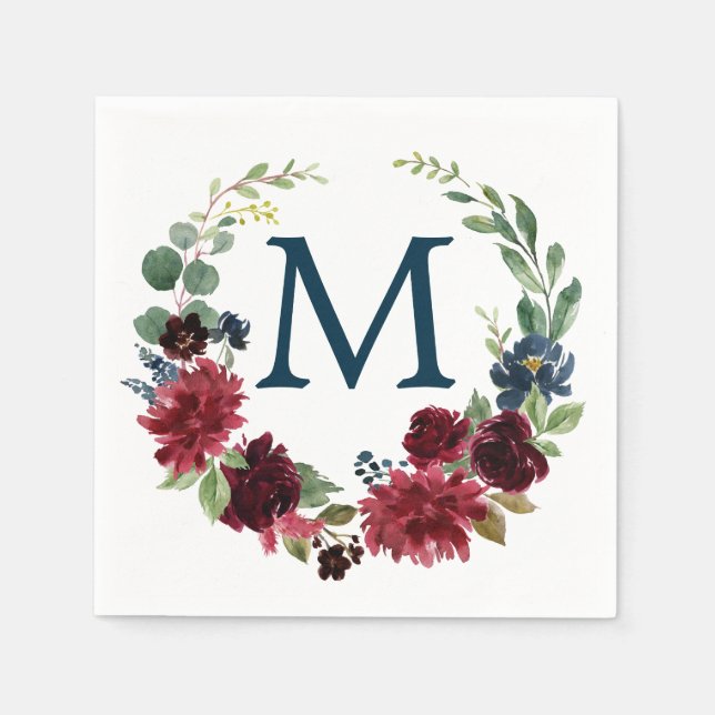 Serviette En Papier Monogram Burgundy Marine Mariage Cocktail Napkin (Devant)