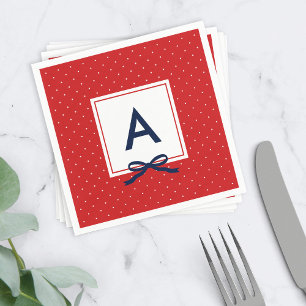 Serviette En Papier Monogram Chic Bleu Ruban Rouge et blanc Pointe Pol