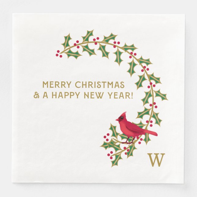Serviette En Papier Monogram Christmas Holly et Berries Papier Napkin (Devant)