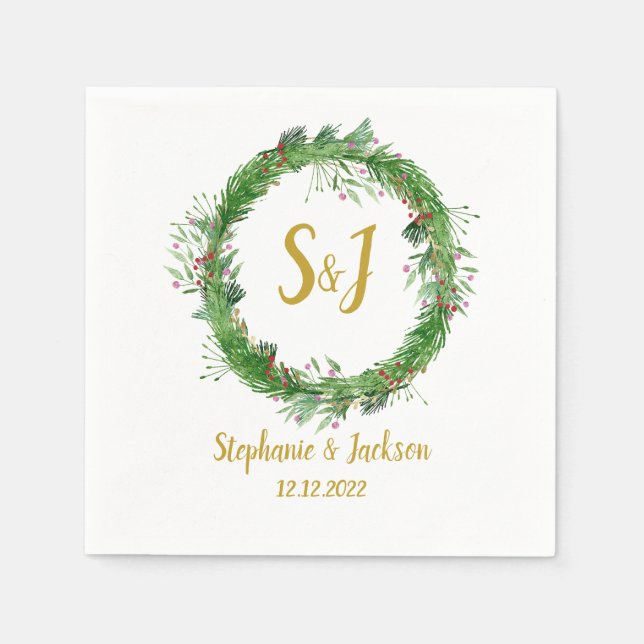 Serviette En Papier Monogram | Couronne de verdure hivernale Mariage (Devant)