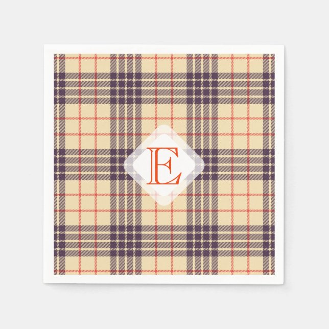 Serviette En Papier Monogram, élégant clan écossais beige plaid tartan (Devant)