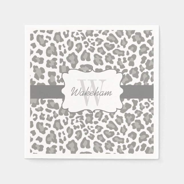 Serviette En Papier Monogram Leopard Blanc et Grey Cocktail Napkin (Devant)