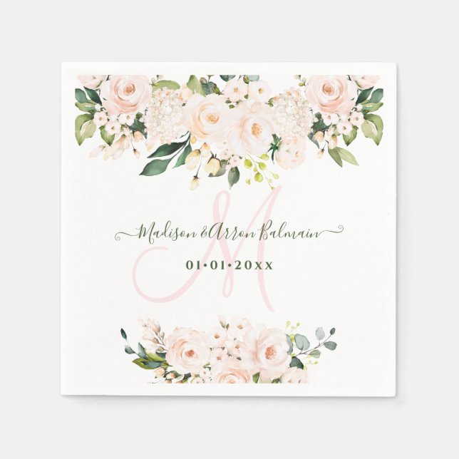 Serviette En Papier Monogram Roses Roses Eucalyptus Rose Clair Tout Év (Devant)