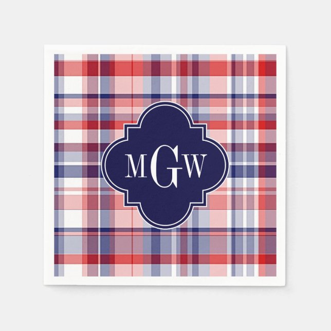 Serviette En Papier Monograme de Red White Blue Preppy Madras (Devant)