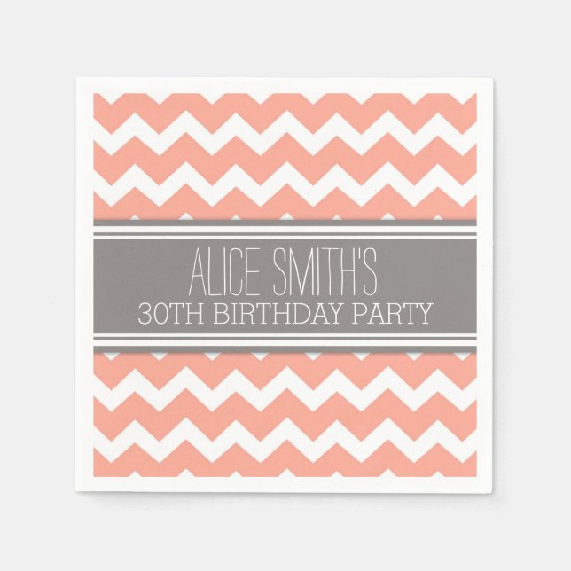 Serviette En Papier Monogramme 30e anniversaire Napkin Coral Chevron (Devant)