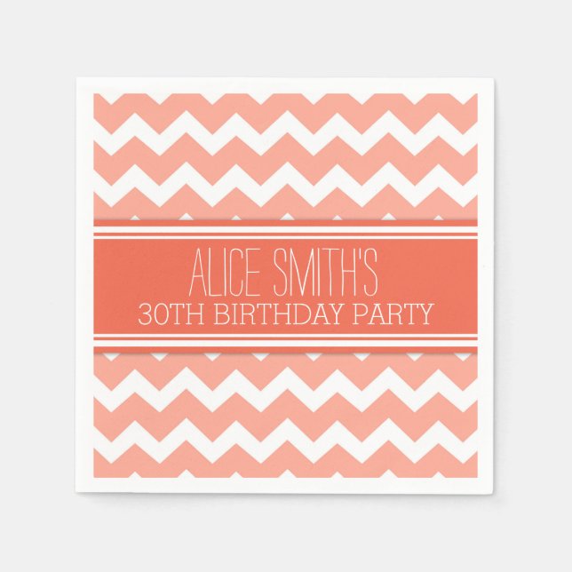 Serviette En Papier Monogramme 30e anniversaire Napkin Coral Chevron (Devant)