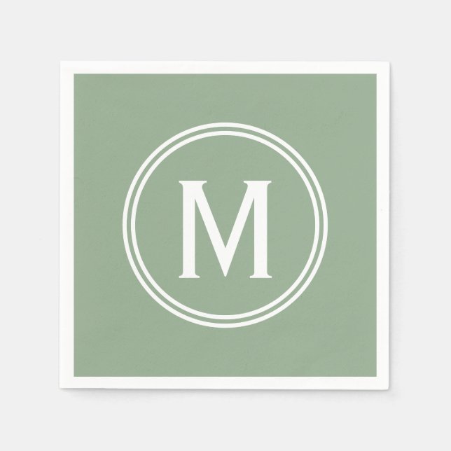 Serviette En Papier Monogramme à cadre rond vert Sage moderne (Devant)
