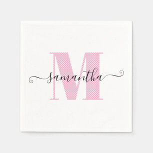 Serviette En Papier Monogramme à pois rose clair et blanc féminin