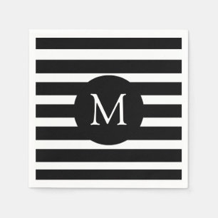 Serviette En Papier Monogramme à rayures noir et blanc moderne