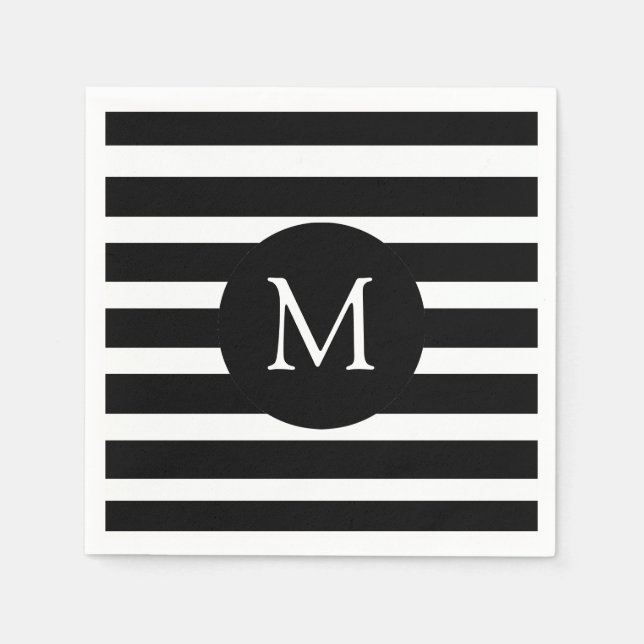 Serviette En Papier Monogramme à rayures noir et blanc moderne (Devant)