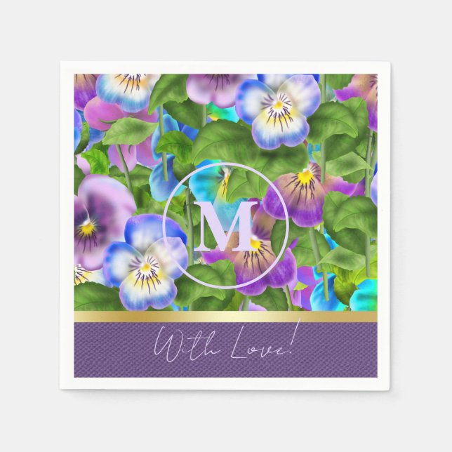 Serviette En Papier Monogramme Anniversaire Pansy Violet Fleurs Aquare (Devant)