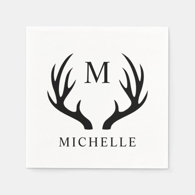 Serviette En Papier Monogramme Antler Cerf Blanc Et Noir Personnalisab (Devant)