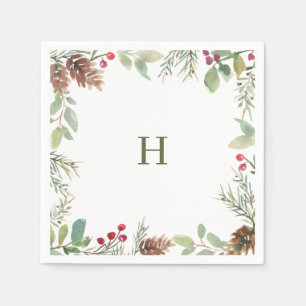 Serviette En Papier Monogramme Aquarelle de Noël Verdure serviettes