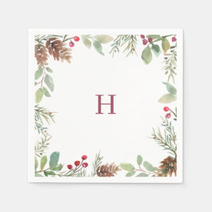 Serviette En Papier Monogramme Aquarelle de Noël Vert Berry