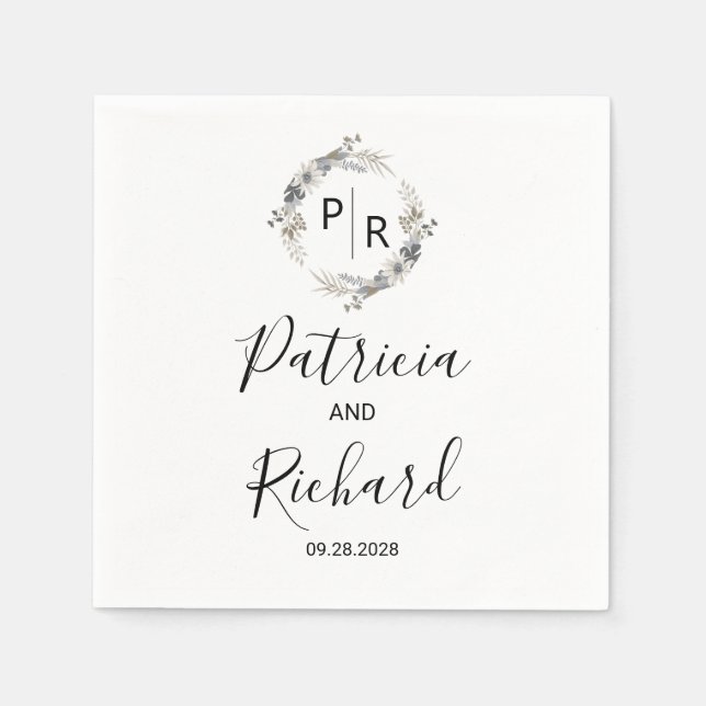 Serviette En Papier Monogramme Aquarelle Florale Mariage (Devant)