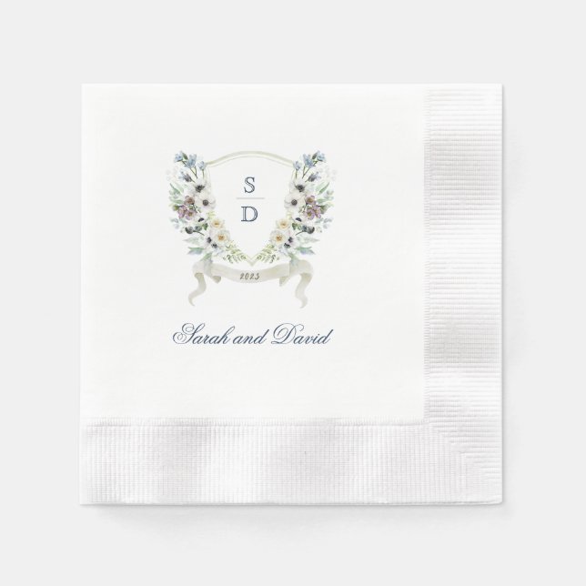 Serviette En Papier Monogramme Aquarelle Florale Mariage Crest Napkin (Devant)