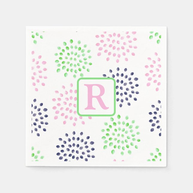 Serviette En Papier Monogramme aquarelle rose vert marine motif floral (Devant)