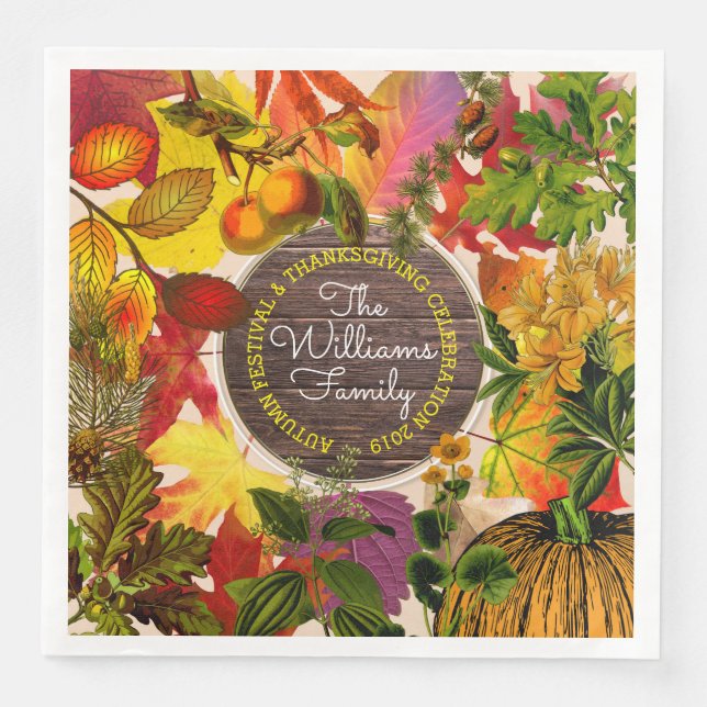 Serviette En Papier Monogramme Automne Feuilles Collage Bois Vintage (Devant)