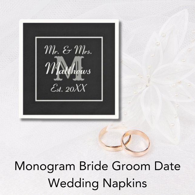 Serviette En Papier Monogramme Black Bride Groom Date Mariage Papier (Monogram Black Bride Groom Date Wedding Paper Napkins)