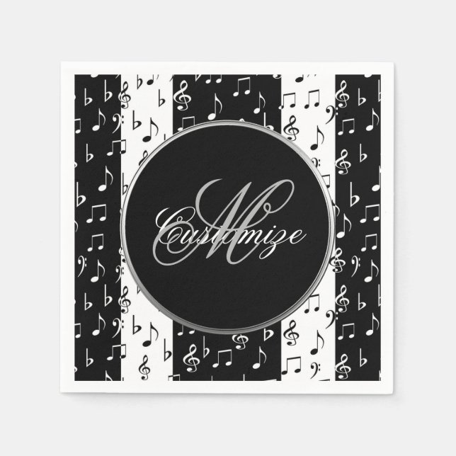 Serviette En Papier Monogramme Black & White Musical Stripes serviette (Devant)