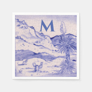 Serviette En Papier Monogramme blanc bleu de yucca de paysage de