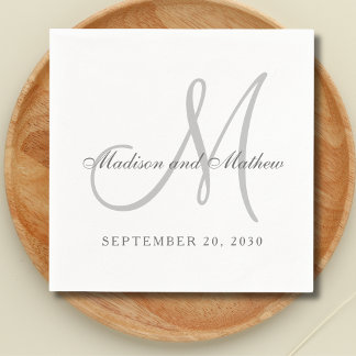 Serviette En Papier Monogramme blanc gris classique Mariage élégant