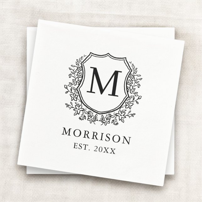 Serviette En Papier Monogramme Blanc Noir Crest Mariage botanique (Créateur téléchargé)