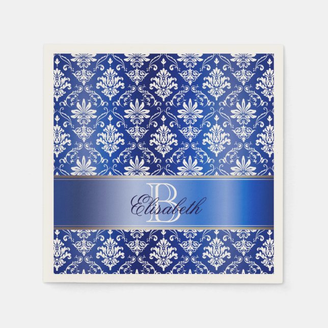 Serviette En Papier Monogramme bleu et blanc Damas (Devant)