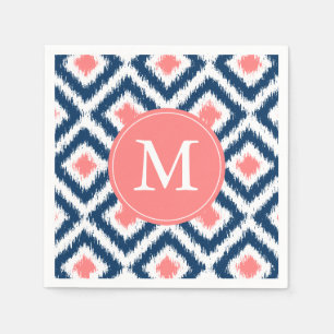 Serviette En Papier Monogramme bleu et corail Motif Ikat